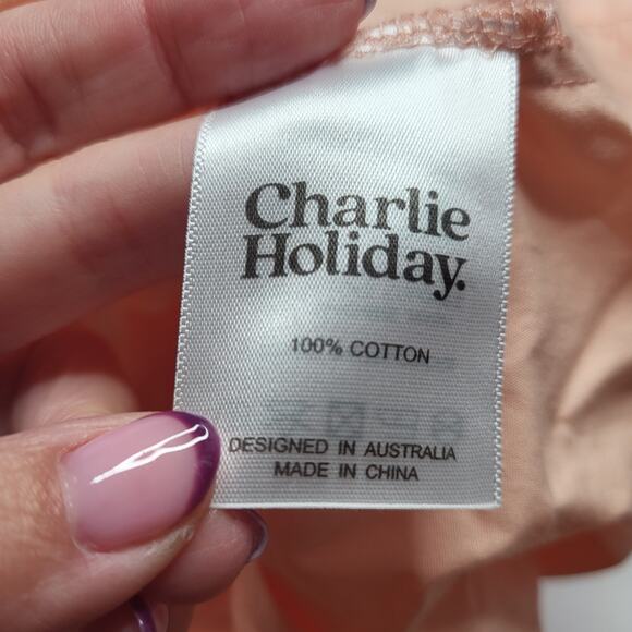 Charlie Holiday Marny Puff Sleeve Tiered Midi Dress Cotton Blush Peach Small 4 - Picture 10 of 11